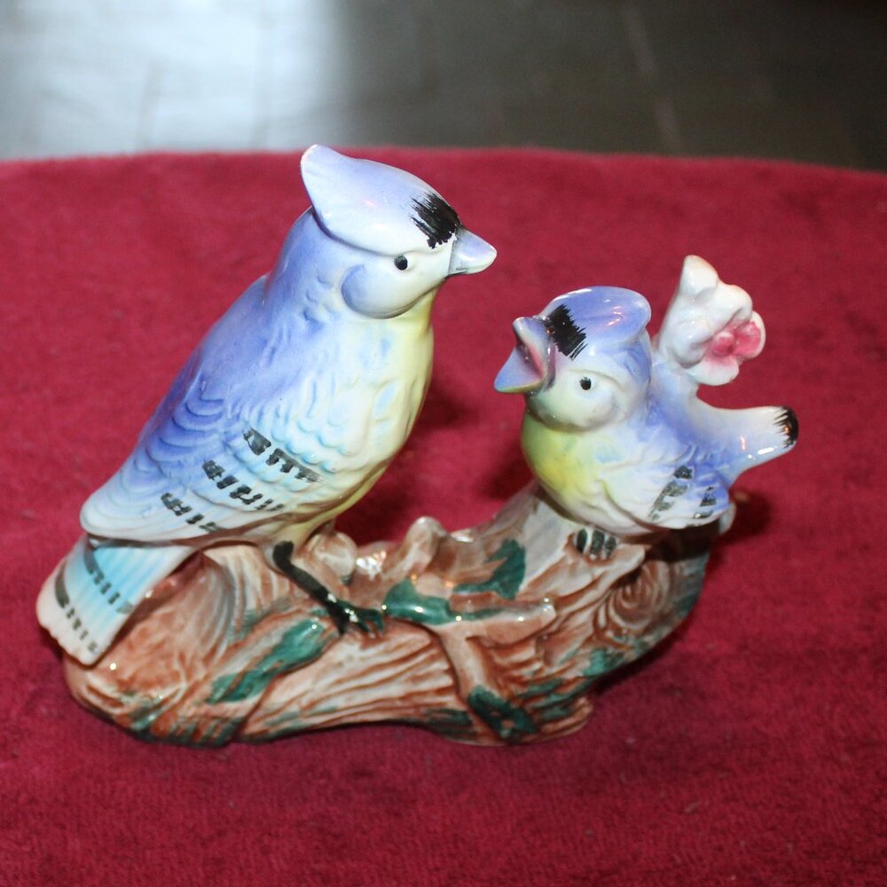 Vintage Ceramic Blue Jay Birds on Branch